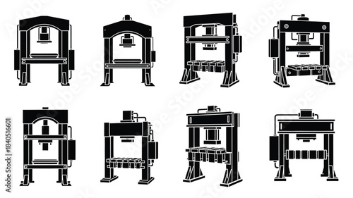 A collection of hydraulic press machine icons in varying stages of detail