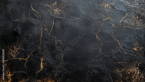 Black grunge texture background with golden cracks particles. Abstract retro vector design