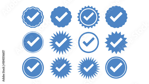 Modern vector design collection of blue checkmark verification and approval icons with diverse shapes