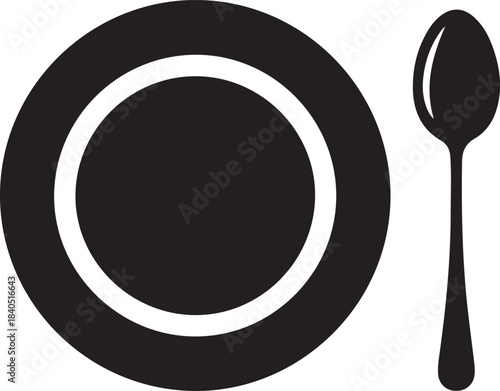 Black Silhouette of Plate and Spoon on White Background cutlery tableware