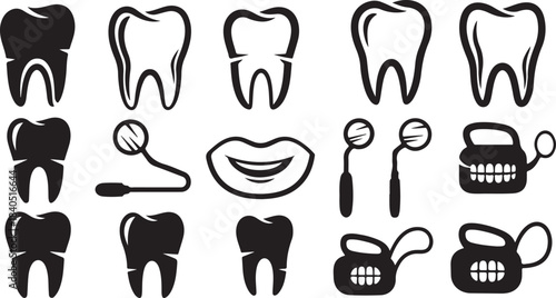 Dental care icons including teeth and oral hygiene tools