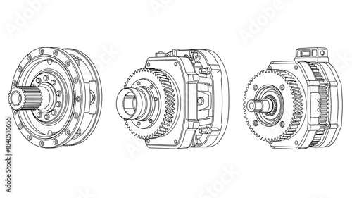 Detailed technical drawing of a mechanical clutch assembly in three views