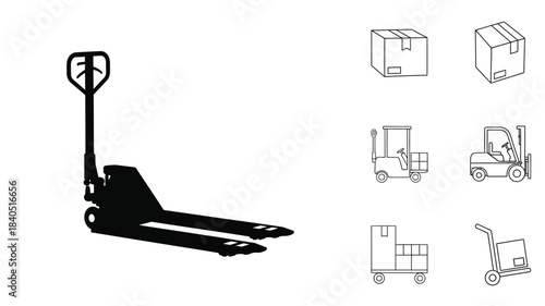 Line art depiction of a pallet jack and various warehouse equipment