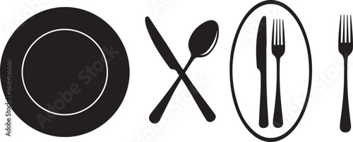 Black silhouette of plate crossed cutlery and fork on white background knife spoon
