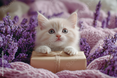 Fluffy kitten peeking from behind a small gift box, surrounded by cozy knitted lavender blanket and fresh lavender flowers, symbolizing innocence and warmth