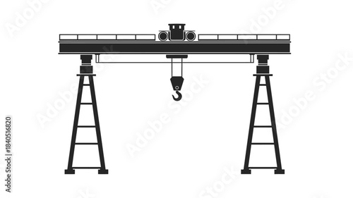 Simple black and white illustration of an overhead bridge crane with a hook
