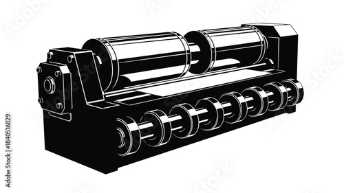 Detailed illustration of a classic printing press machine in black and white