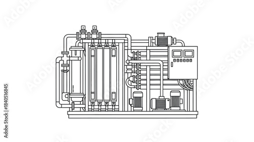 Detailed line drawing of industrial machinery with complex piping and control systems