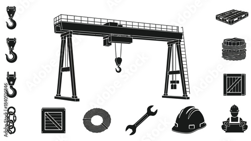 Industrial equipment collection cranes hooks safety gear and construction elements