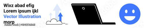 Cloud services, technology use, data storage, growth trends, digital communication, user satisfaction. Laptop beside growth arrow graphics and happy face. Cloud services and technology use concept