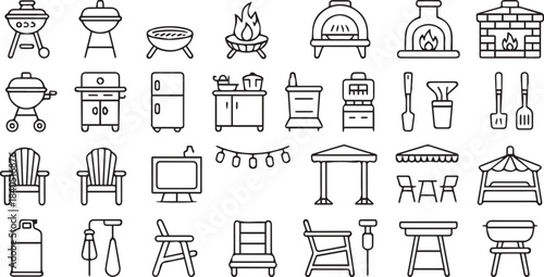 grill backyard barbecue icons for outdoor kitchen and furniture