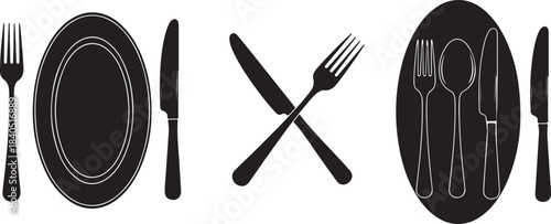 Black silhouette of cutlery and plates arranged in groups on white background fork