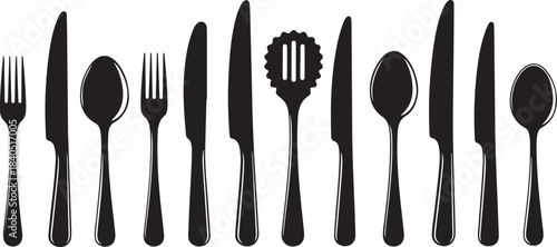 Collection of Black Silhouettes of Cutlery on White Background fork knife