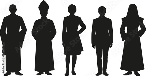 Cultural attire silhouette collection, formal dress icons, traditional clothing figures, black character art, profession sketch, identity design, diversity illustration