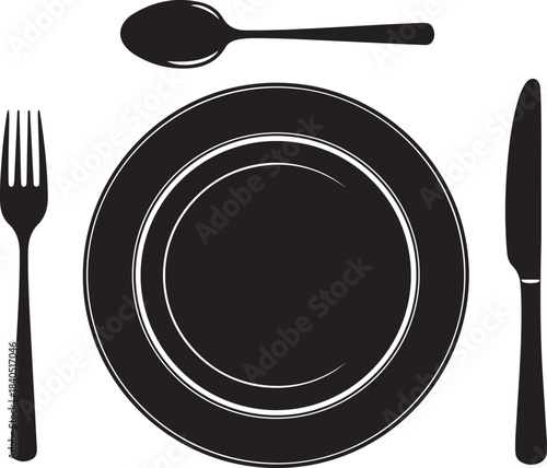 Dinner plate with cutlery and spoon on white background Keywords: dinner plate, cutlery, fork