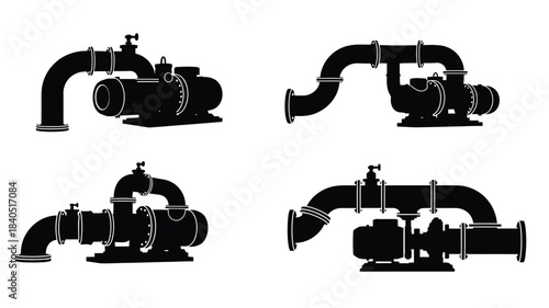 Detailed illustration of industrial pipe fittings and valve components in black
