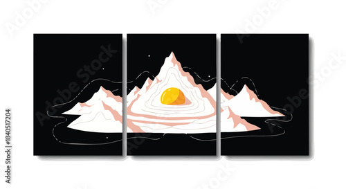 A minimalist triptych illustration featuring abstract mountains and a vibrant yellow sun, integrated with surreal egg forms on a dark background.