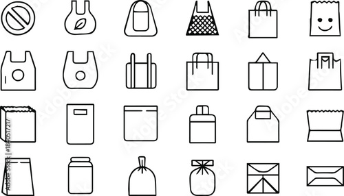 bag icons set line icons for shopping packaging and recycling