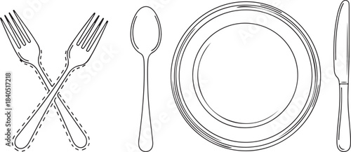 Outline drawing of crossed forks spoon plate and knife on white background cutlery