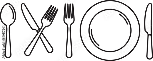 Outline drawing of spoon knife fork and plate on white background cutlery