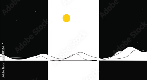 A striking minimalist triptych visually contrasts bright daytime, featuring a yellow sun, with the serene darkness of night over abstract rolling terrain.