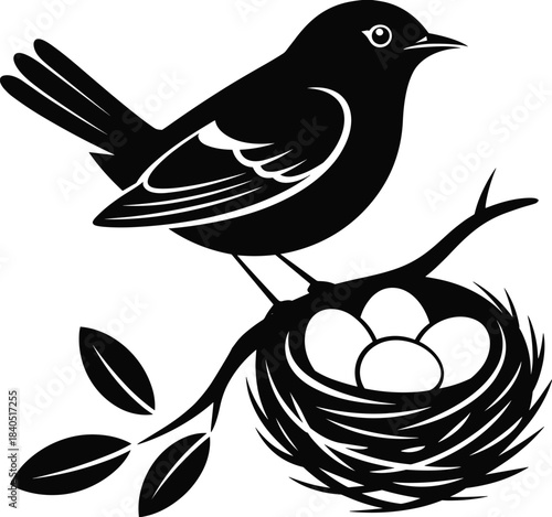 Bird and nest silhouette, perched bird icon, nature illustration, egg nest design, black wildlife art, branch sketch, parenting symbol