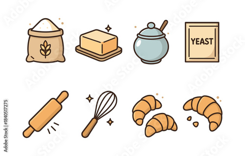 Baking ingredients and tools, flat vector illustration, bread, pastry, cooking