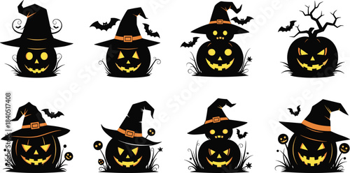 Halloween pumpkin illustrations, spooky jack-o'-lanterns, witch hats, glowing faces, bats, twisted trees, stacked pumpkins, festive clipart, cartoon vector, horror icons