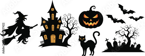 Halloween silhouettes, flying witch, haunted house, spooky tree, jack-o'-lantern, black cat, graveyard scene, bats, glowing eyes, cartoon vector, horror clipart