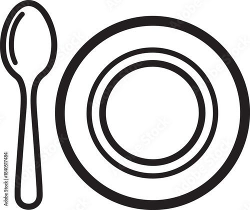 Simple Spoon and Plate Icon on White Background dish cutlery
