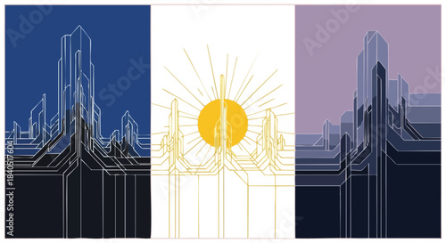 A dynamic abstract triptych illustrates a futuristic cityscape with geometric lines, featuring a radiant sun, presented in striking blue, gold, and purple colors.