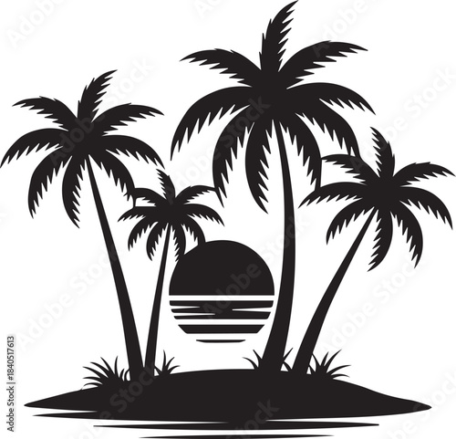 island lone palm silhouette beach sunset minimal vector design