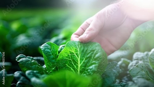 Hand harvesting fresh green lettuce in an agricultural field