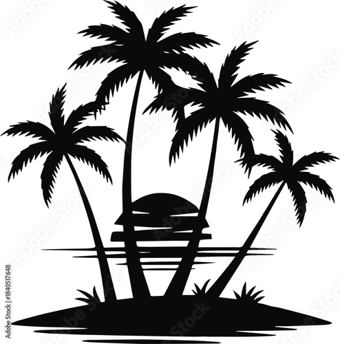 island palm trees silhouette sun reflection on water vector
