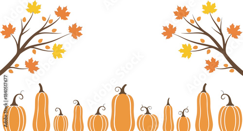 Fall Nature Background with Orange Leaves and Pumpkins