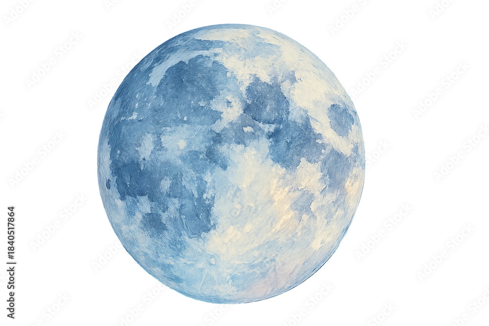 Obraz premium Png watercolor illustration of moon with soft blue and white tones isolated on transparent background. concept of celestial design, lunar art, night sky decoration.