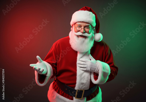 Joyful Santa Claus gesturing welcome with dramatic red and green lighting, happy traditional Christmas holiday portrait.