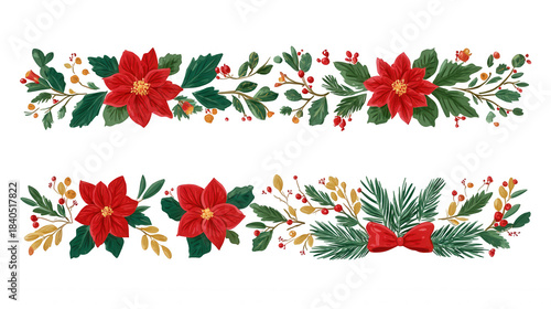 Christmas floral border and divider collection featuring poinsettia, holly, and evergreen transparent background branch