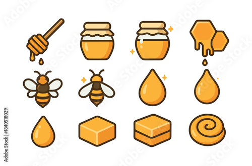 Honey and bees collection, flat vector illustration with honeycombs and honey drops