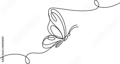 Butterfly line drawing, minimalist sketch, single line art, elegant insect icon, black outline, nature design, modern illustration, graceful motif