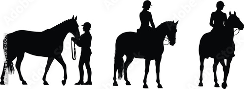 Horse and rider silhouette sequence — black illustrations showing grooming, mounting, and riding stages for equestrian and training themes