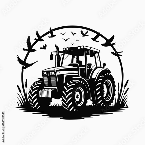 tractor in field with barn and birds vector illustration