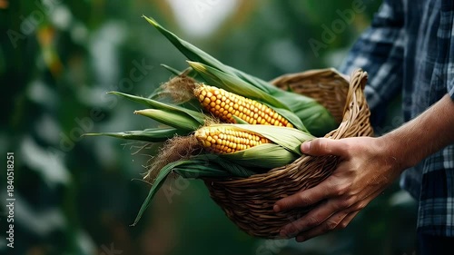 Freshly harvested corn in woven basket agricultural scene