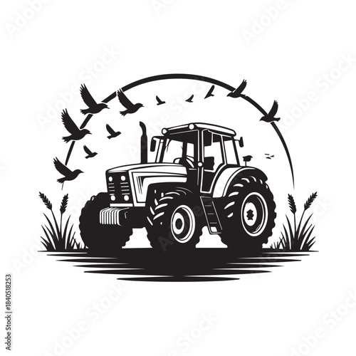 tractor silhouette with birds and tall grass farm vector