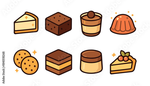 Dessert collection, pies, cakes, cookies and pudding, flat vector illustration