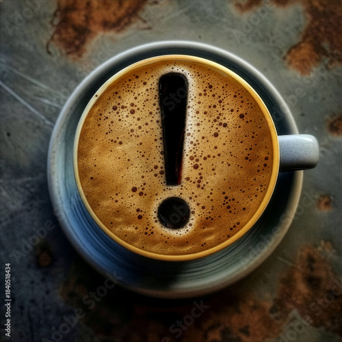 A coffee cup with frothy foam features a dark exclamation mark, symbolising surprise, danger, emphasis and affirmation.
