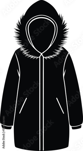 Winter parka with faux fur hood in warm seasonal outerwear concept Vector illustration