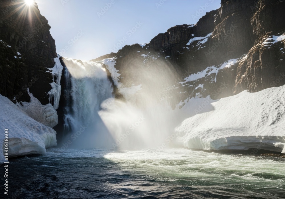 Fototapeta premium Powerful waterfall in winter landscape with sunburst effect