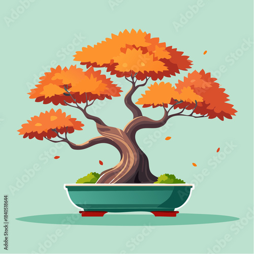 Stylized bonsai tree with orange leaves in a green pot on a light green background.