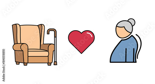 Illustration depicting care and comfort for the elderly with armchair.